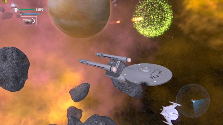 Excelsior-class ship among asteroids