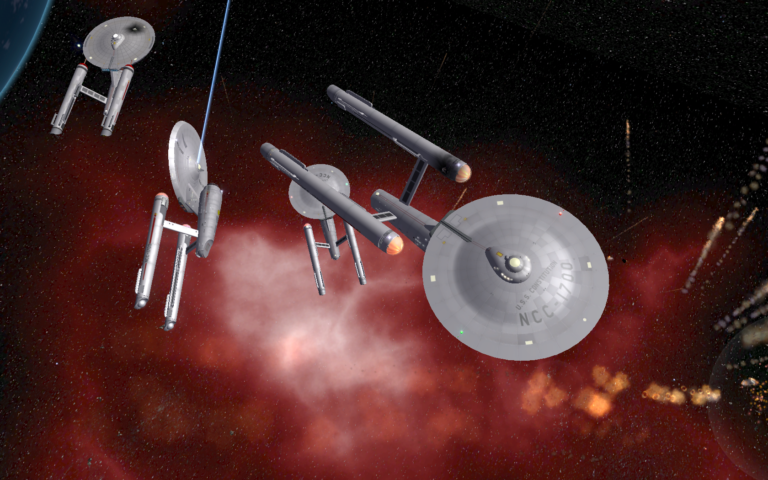 Constitution-class ships in a red nebula